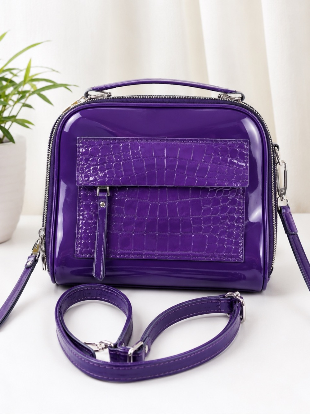 Patent Purple Crossbody Bag with Croc Texture